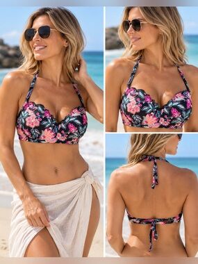 SHADE & Shore Black Floral Summer Lightly Lined Bikini Top Sz 34D